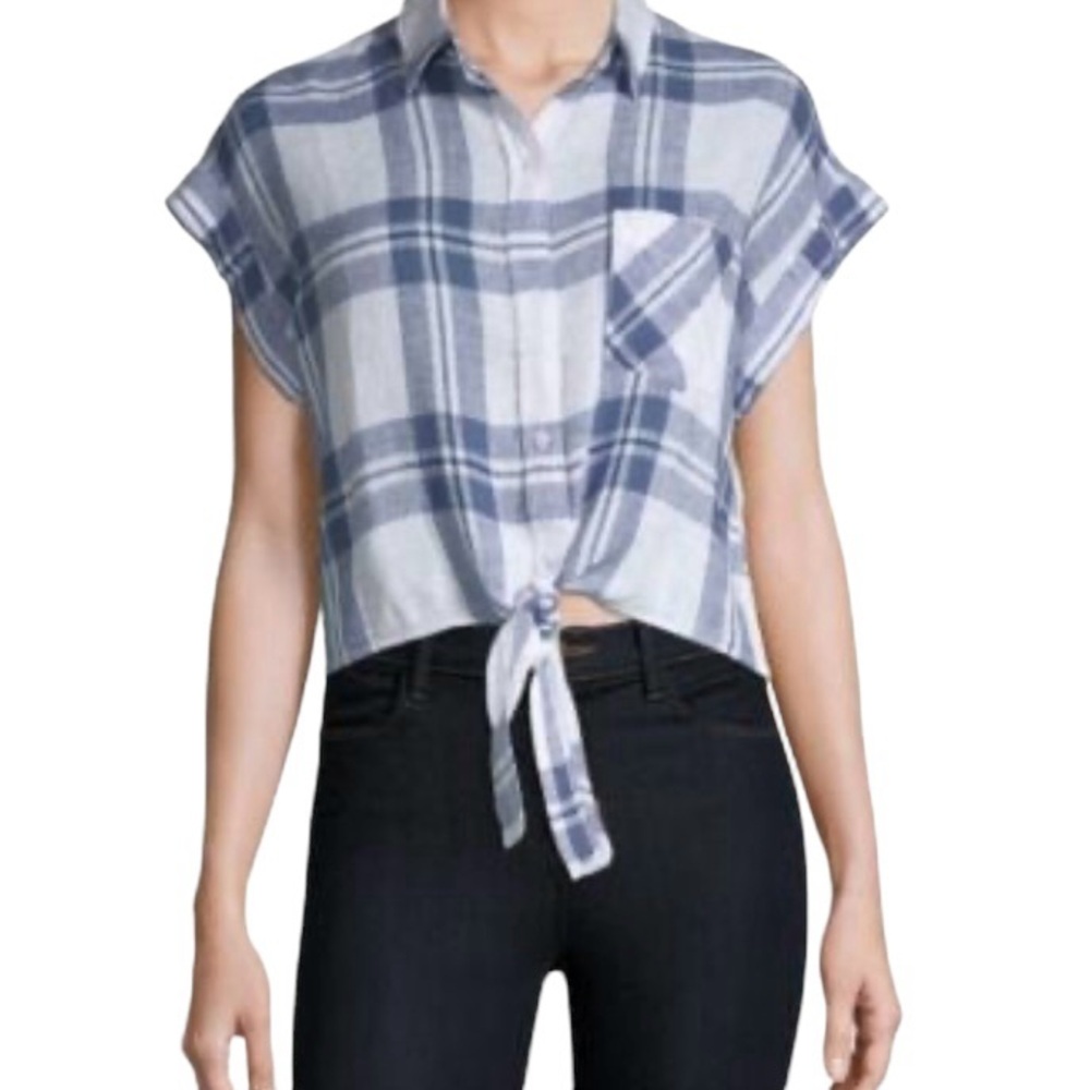 Rails size small  blue & white check short sleeve button down ties at waist